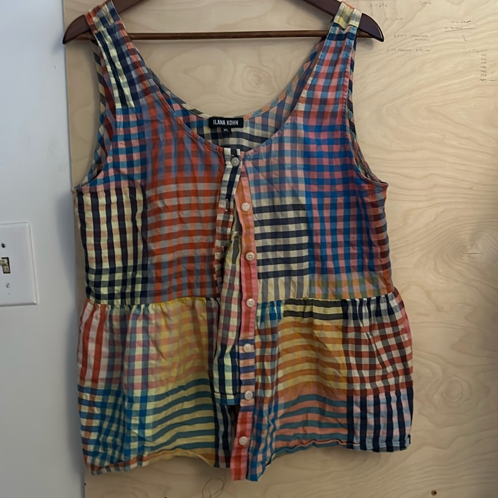 Ilana kohn plaid button tank blouse XL